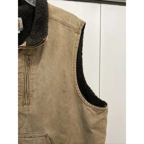 Carhartt V33-211 Thrashed & Faded Brown Mock Neck Sherpa Lined Work Vest Size XL